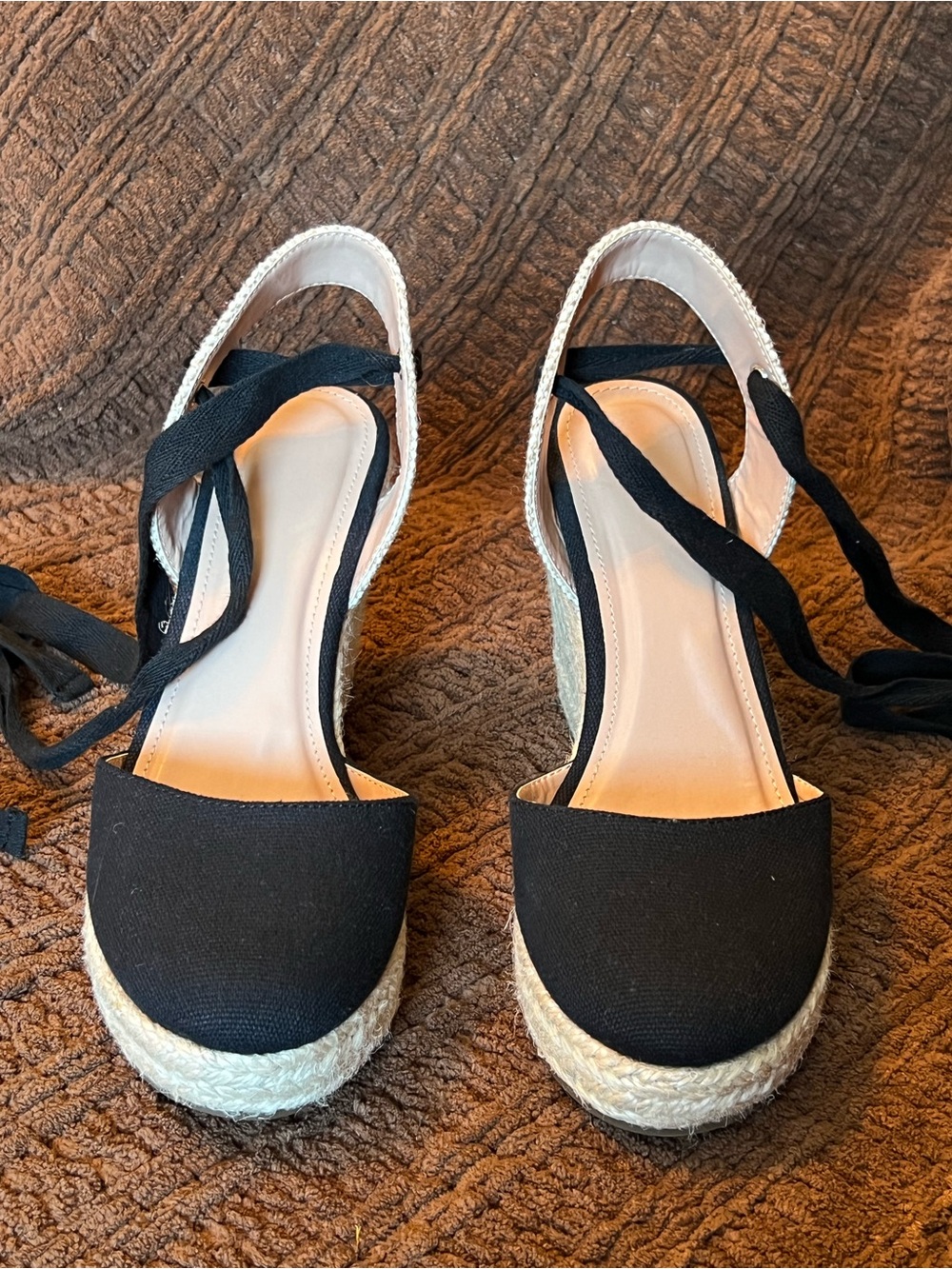 ZBY Black Espadrille Wedge Sandals with Ankle Tie - Women